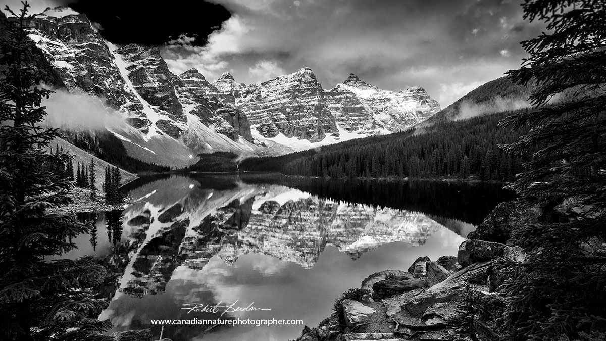 Moraine lake and the ten peaks black and white photo by Robert Berdan ©
