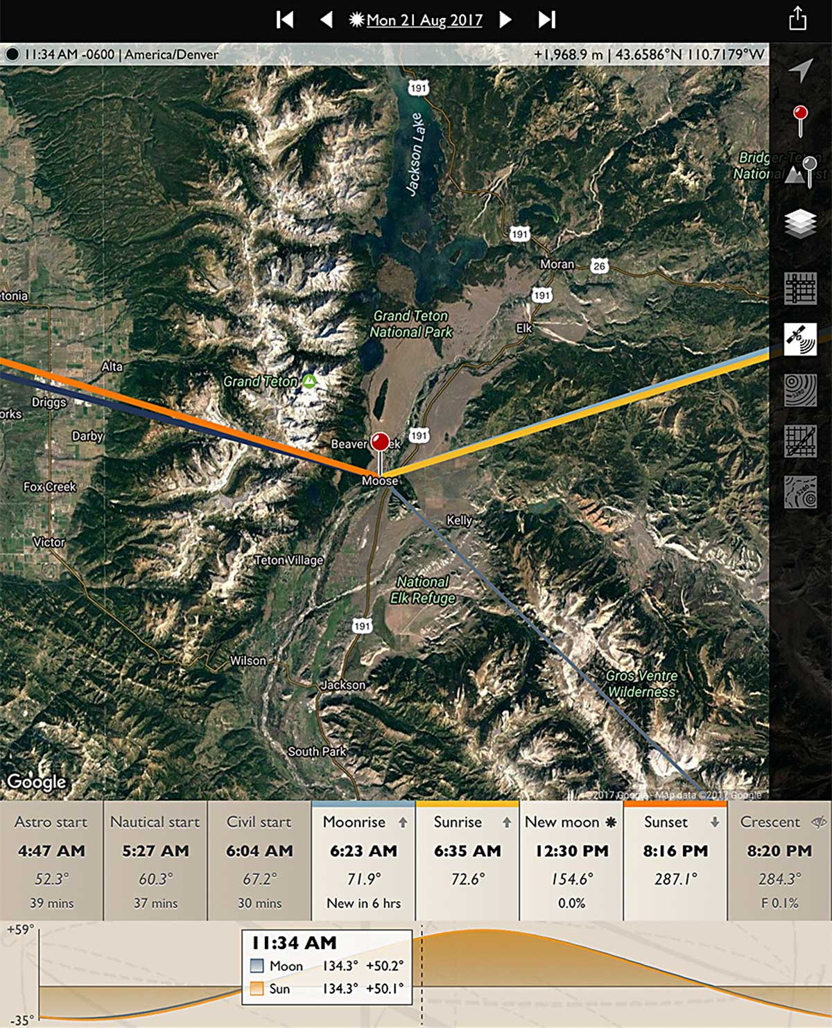 Map of Teton site of eclipse 2017 by Alan Dyer 