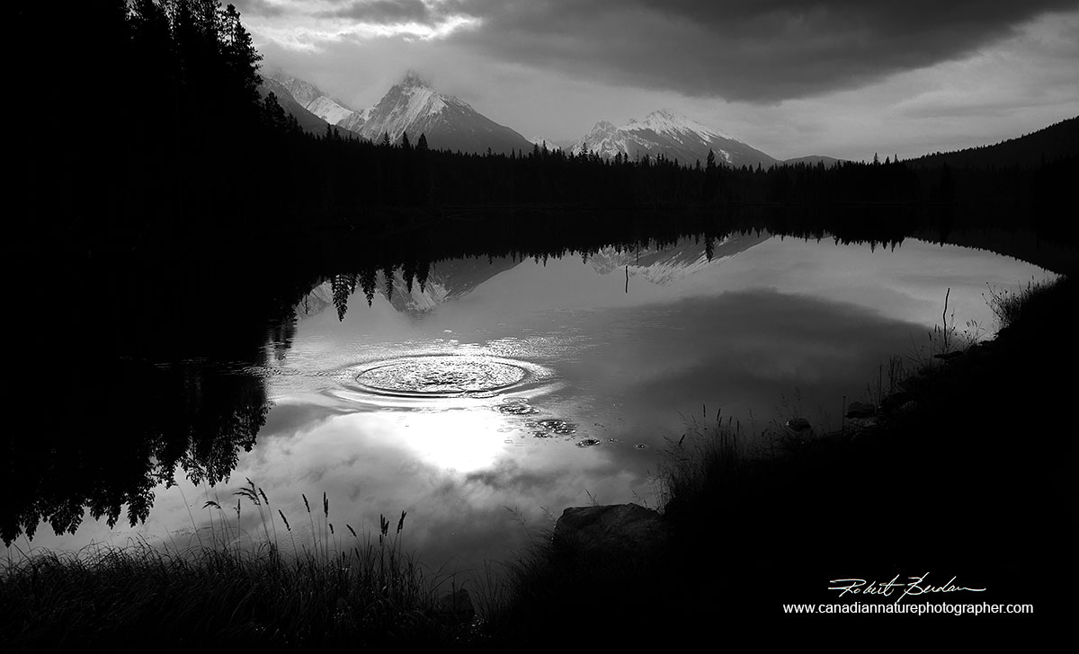 Spillway lake, Kananaskis Provincial Park, Alberta. black and white photo Robert Berdan ©