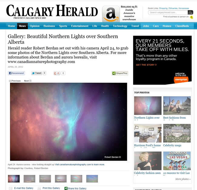 Aurora photos by Robert Berdan featured in Calgary Herald 