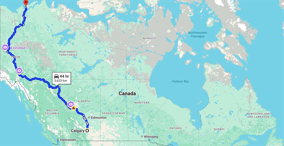 Driving route to Toktoyaktuck from Calgary