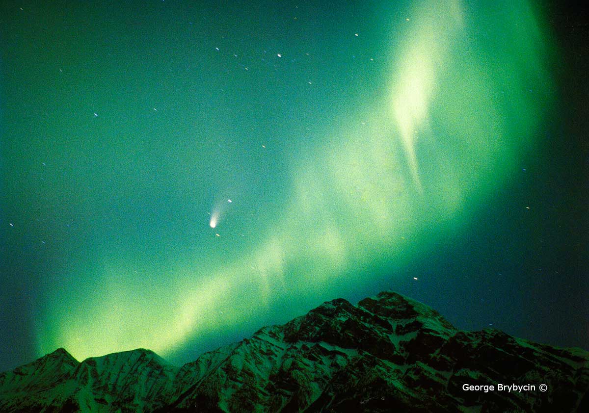 Comet Hale Bopp and the Aurora Borealis (Northern Lights) above Jasper's Pyramid Mountain by George Brybycin ©