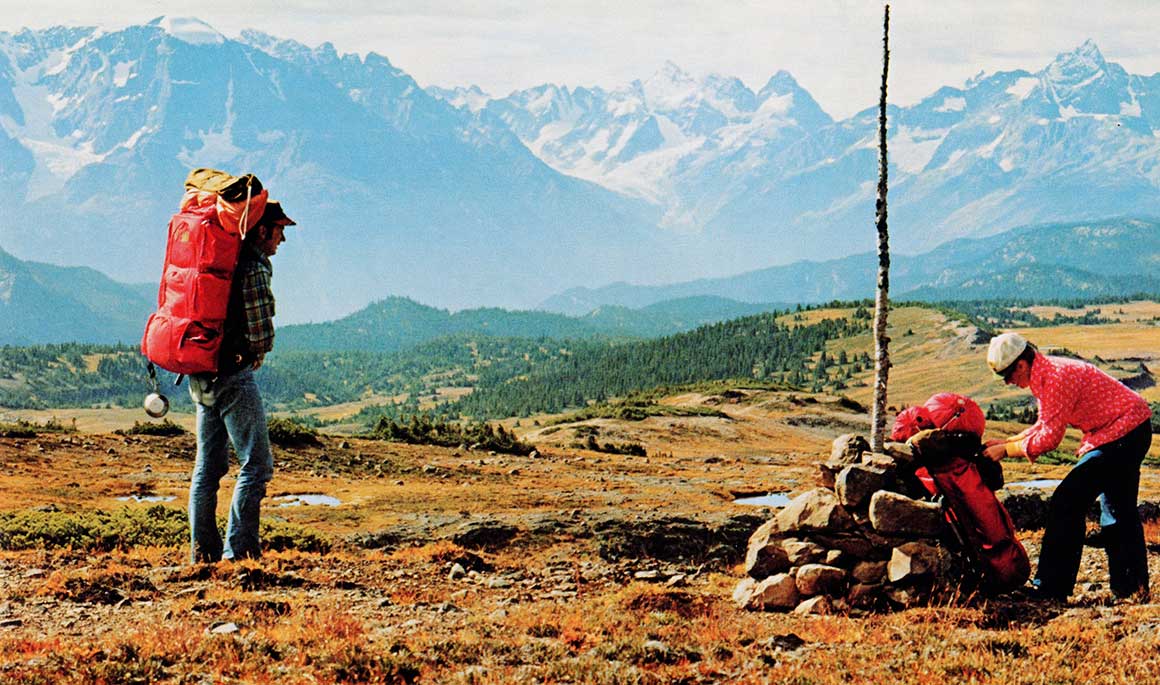 Hälle and Linda erecting a directional cairn near Mackenzie pass in BC