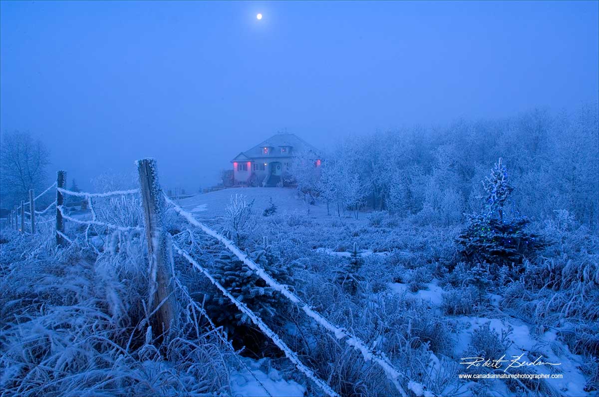 Home in the Bears Paw Area North of Calgary early morning with full moom and Hoar frost  by Robert Berdan ©