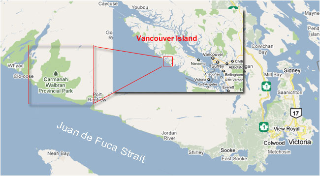 Map showing location of the Carmanah Valley on Vancouver Island 