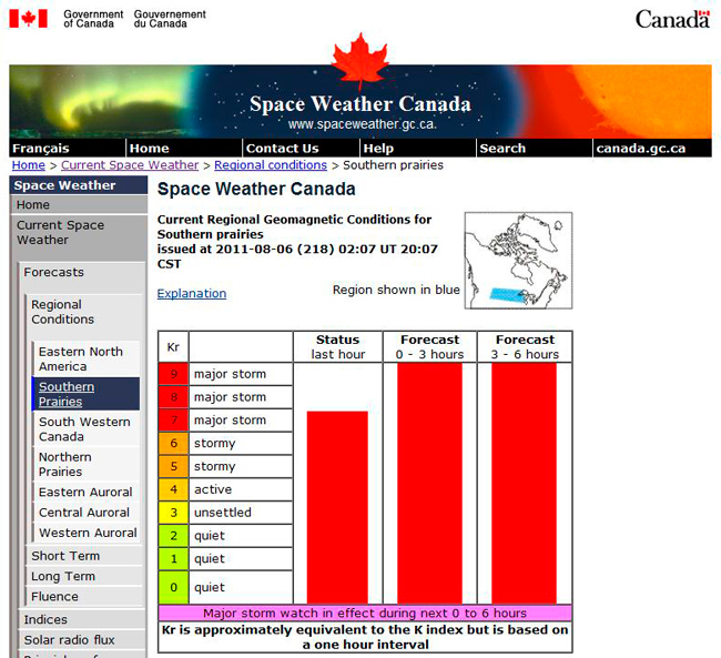 Space weather Canada web site showing an impeding Auroral storm 