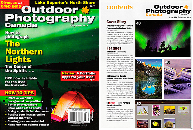 Outdoor Photography Canada Cover and article for Fall\Winter 2012